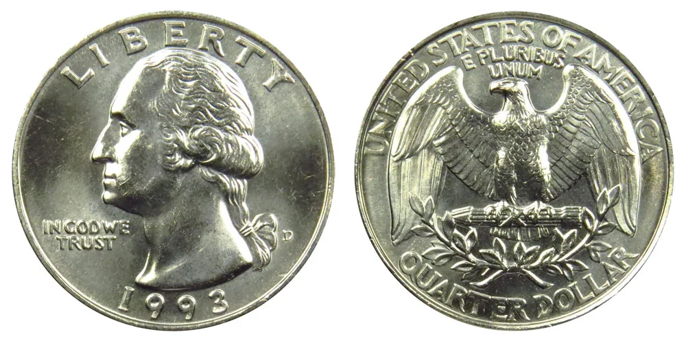 1993 Washington Quarter obverse and reverse showing standard clad appearance