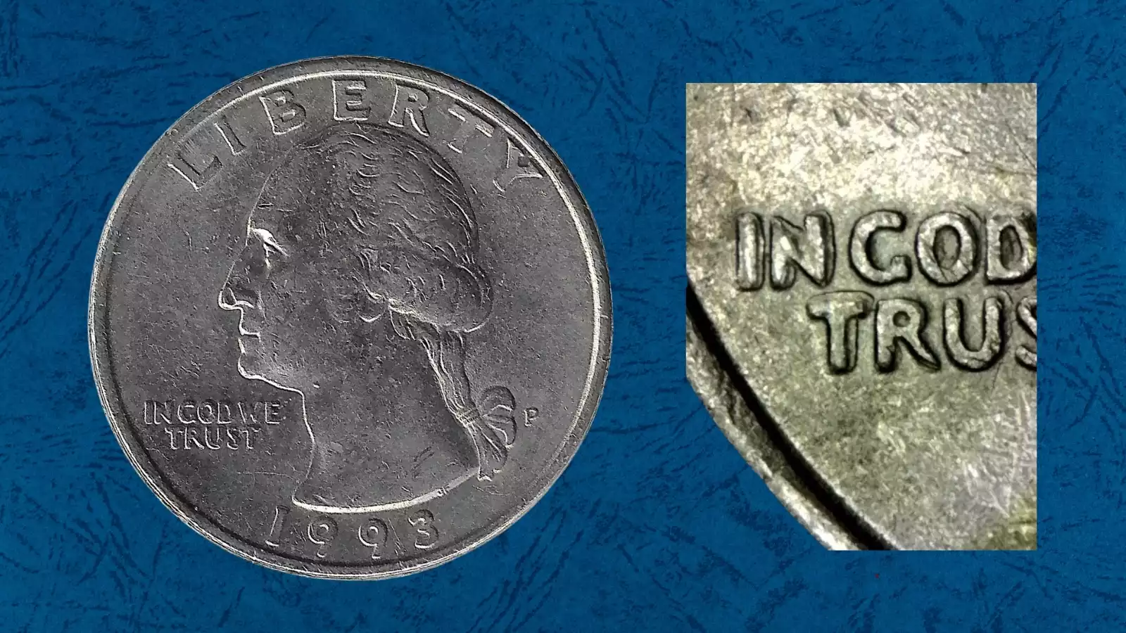 1993 quarter Doubled Die Obverse error showing hub doubling on LIBERTY inscription under magnification