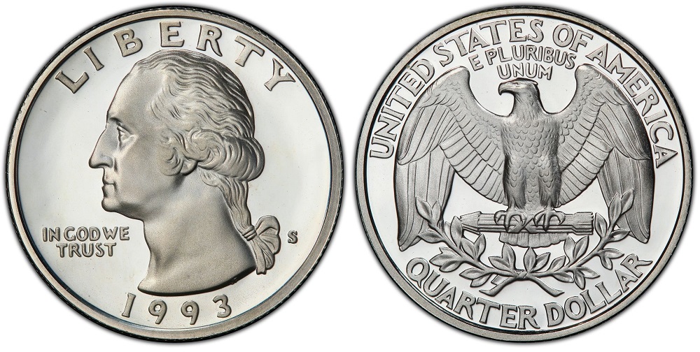 1993 quarter rotated die error showing reverse misaligned from standard coin orientation