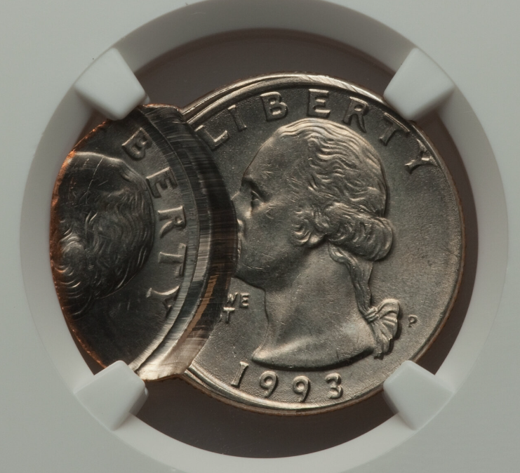 1993 quarter multiple strike error showing overlapping double impression of Washington portrait design