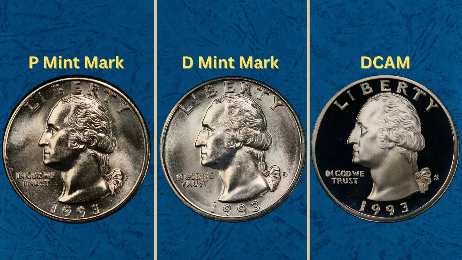 Group of 1993 Washington quarters showing different mint marks and condition spectrum from worn to proof