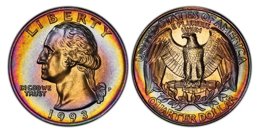Grading strip showing four 1993 quarters representing worn, about uncirculated, uncirculated, and gem condition